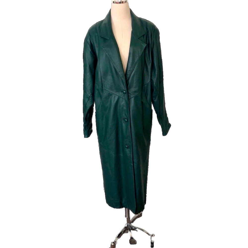 Vintage 90s Grunge Indie Streetwear Green Calf Length Leather Jacket Size Small